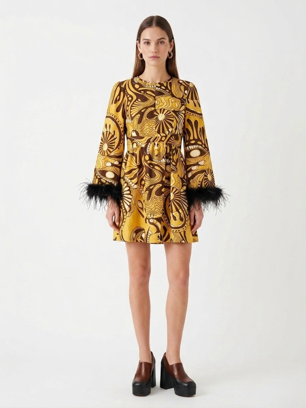 Funky Patterned Long-Sleeve Mini Dress with Feather Cuffs Vintage Inspired